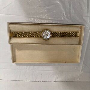 Gold-Tone DMQ CZ Quartz Ladies Watch With Rhinestone Bezel & Metal Mesh Band